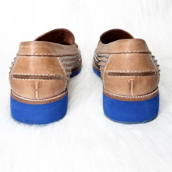 Jeffrey Campbell Tan Leather Silver Studded Blue Sole Slip On Chunky Loafer Flat - Picture 10 of 14